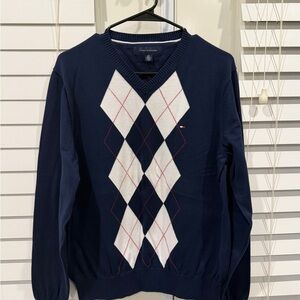 Tommy Hilfiger Navy and White V-Neck Sweater (S)